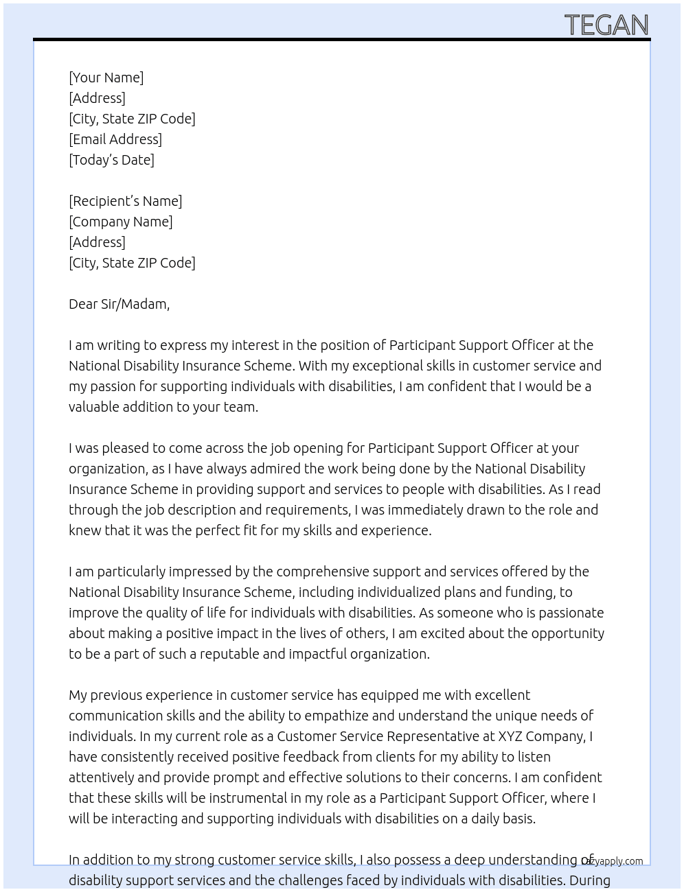 Participant Support Officer At National Disability Insurance Scheme Cover Letter