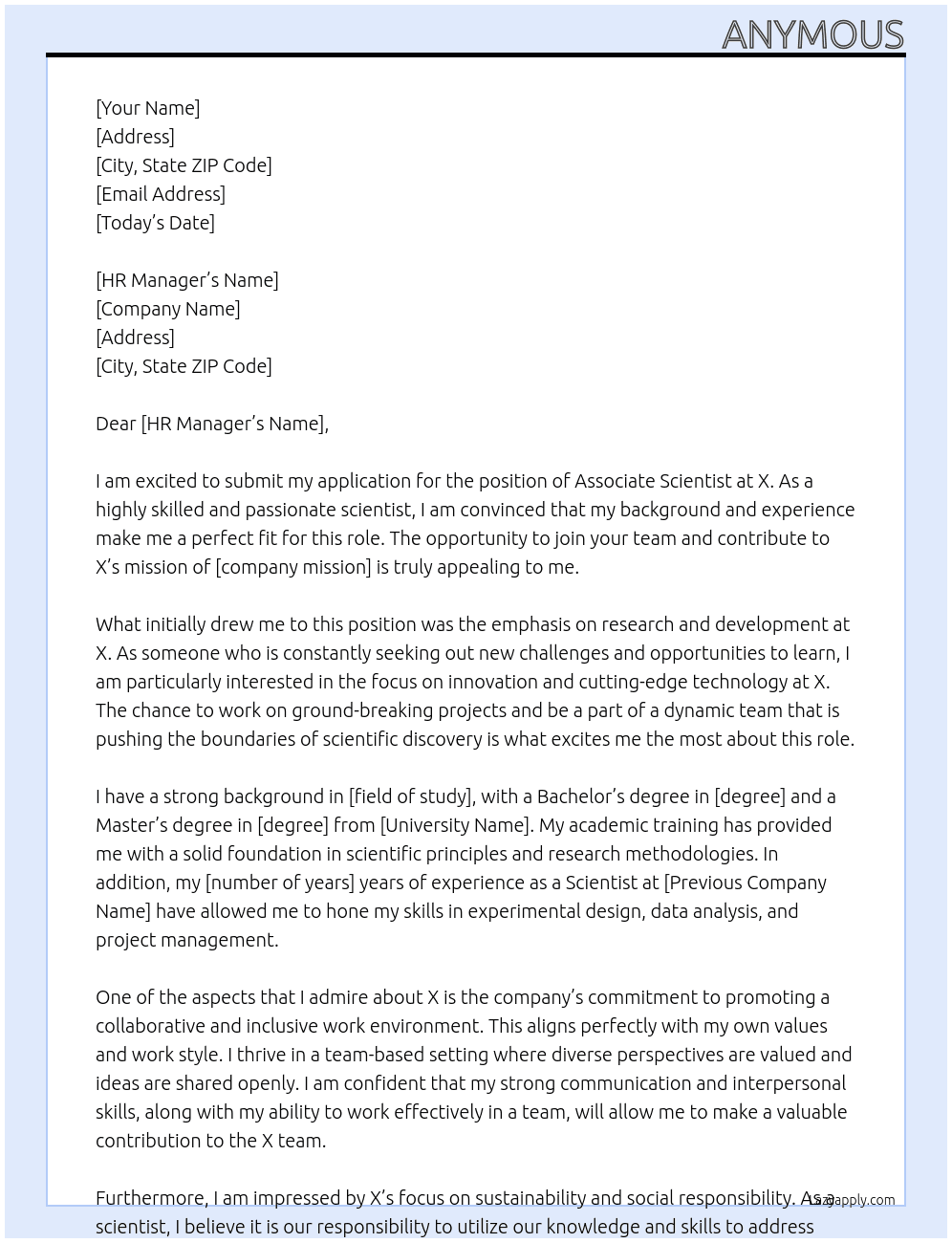 Associate Scientist At X Cover Letter