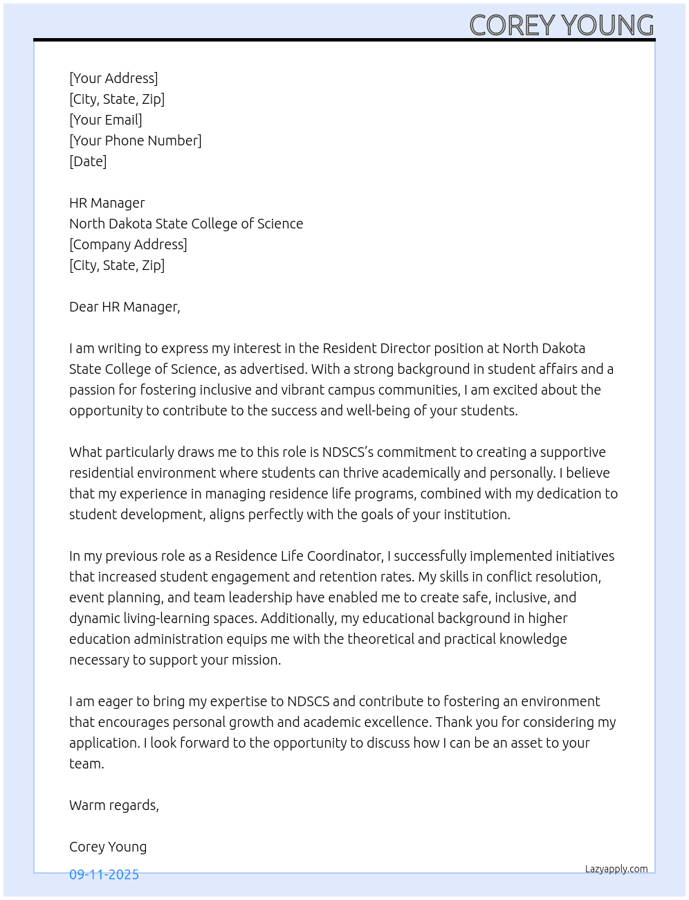 Resident Director At North Dakota State College of Science Cover Letter