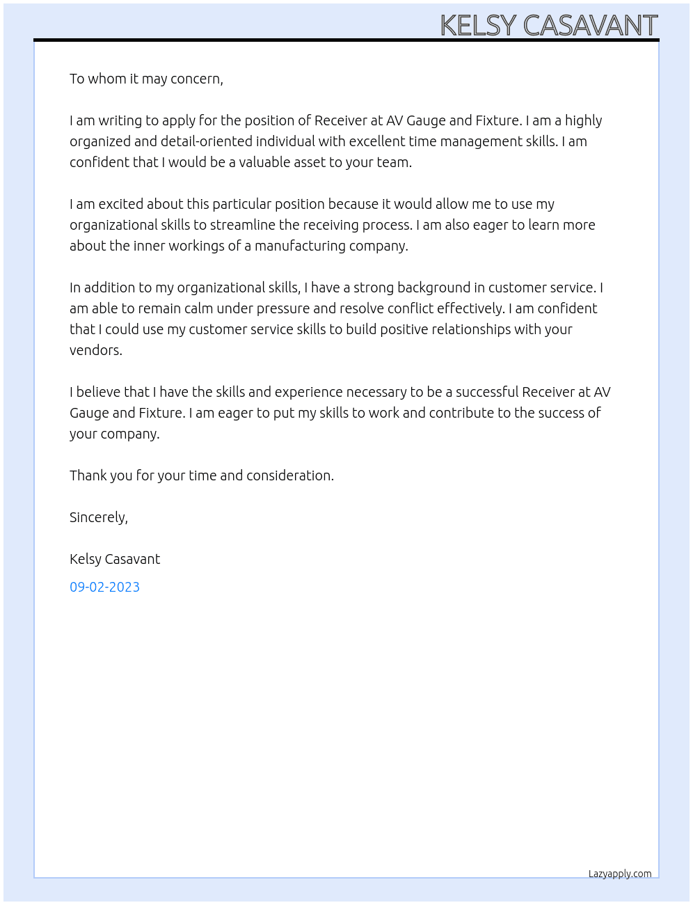 Receiver At AV Gauge and Fixture Cover Letter