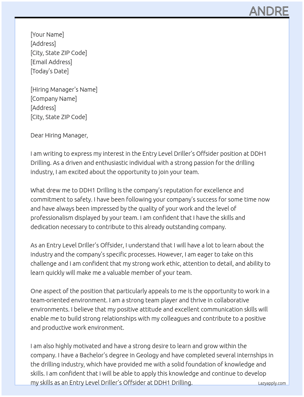 Entry Level Driller’s. Offsider At DDH1 Drilling Cover Letter