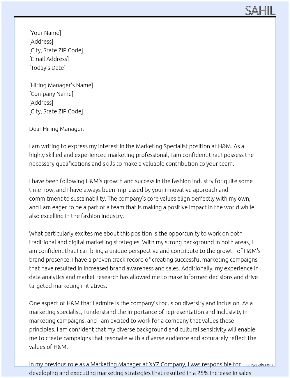 Marketing specialist At H&M Cover Letter