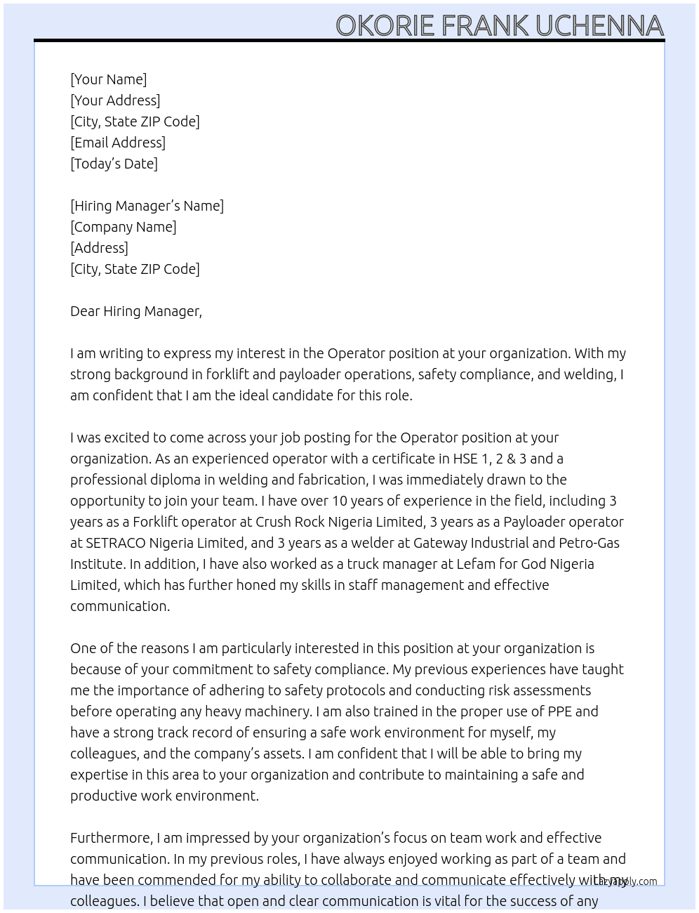 Operator  At your organization  Cover Letter