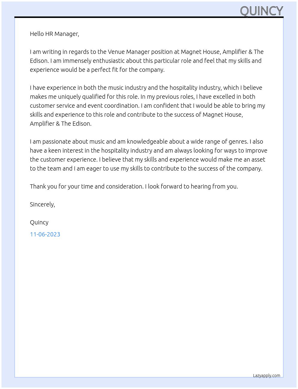 Venue Manager At Magnet House, Amplifier & The Edison Cover Letter