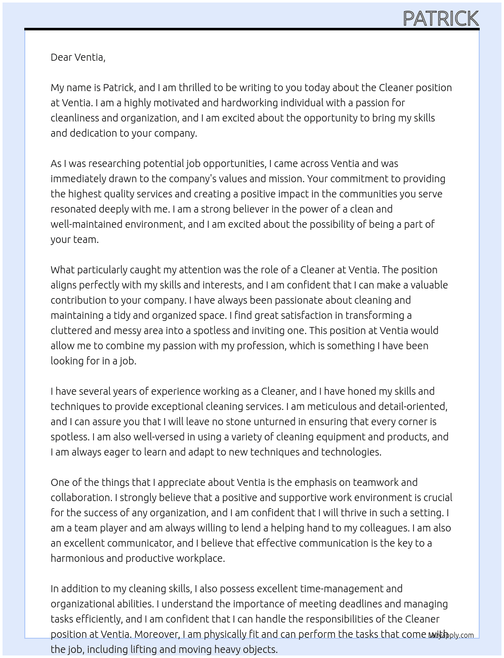 Cleaner At Ventia Cover Letter