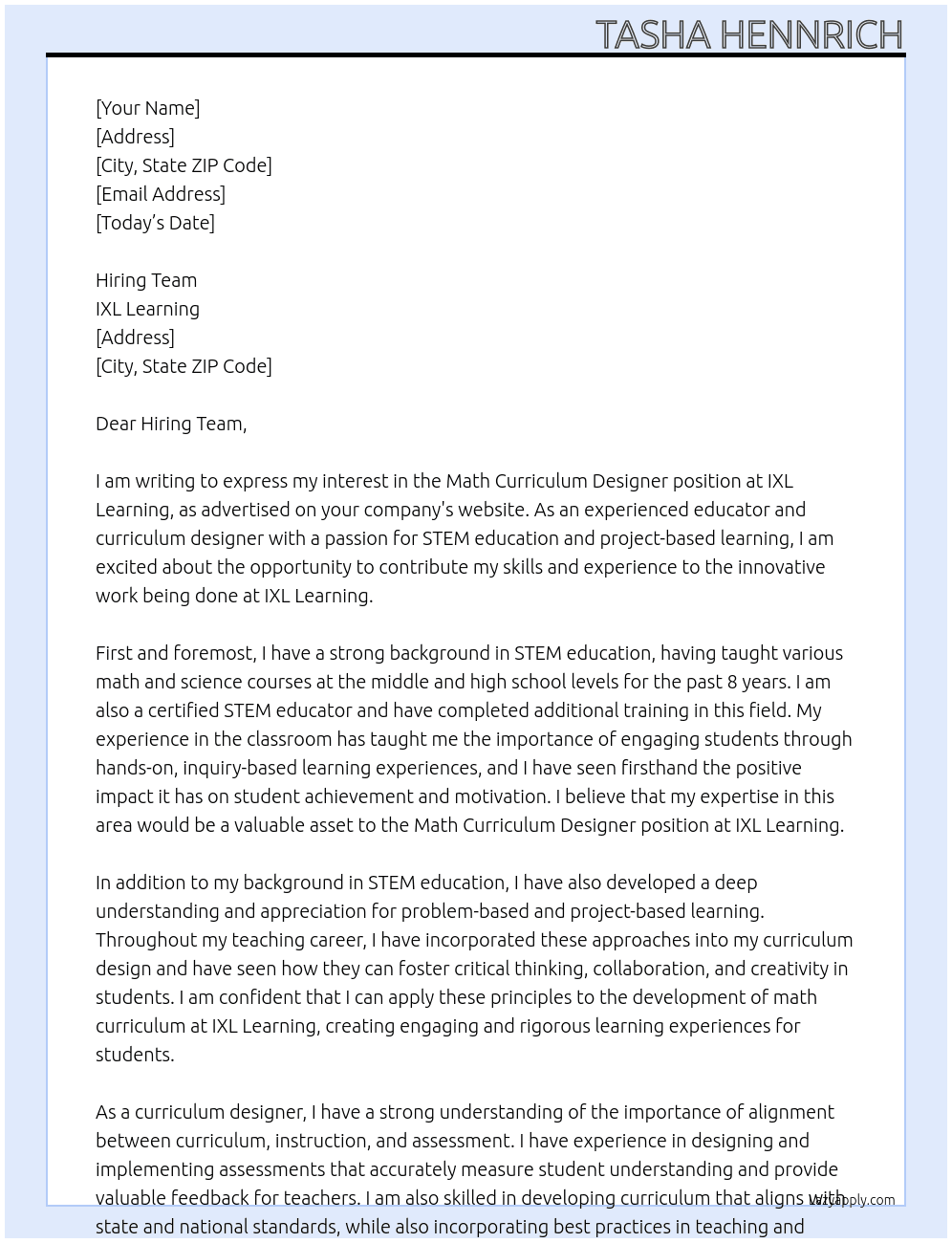 Math Curriculum Designer At IXL Learning Cover Letter