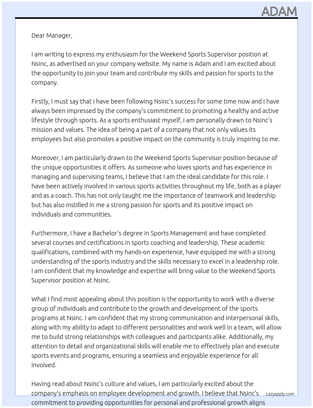 Weekend Sports supervisor  At Nsinc  Cover Letter