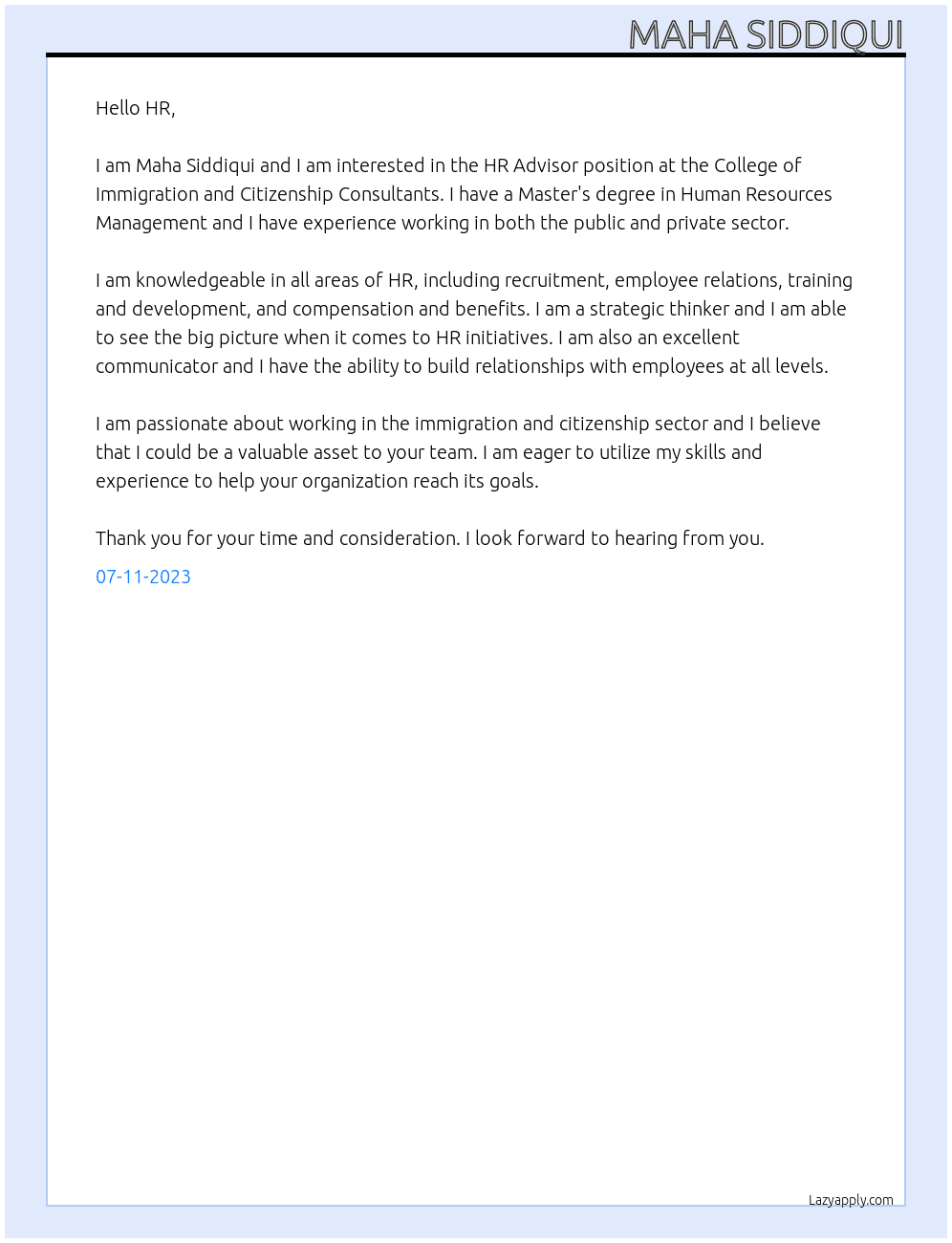 HR Advisor  At College of Immigration and Citizenship Consultants Cover Letter