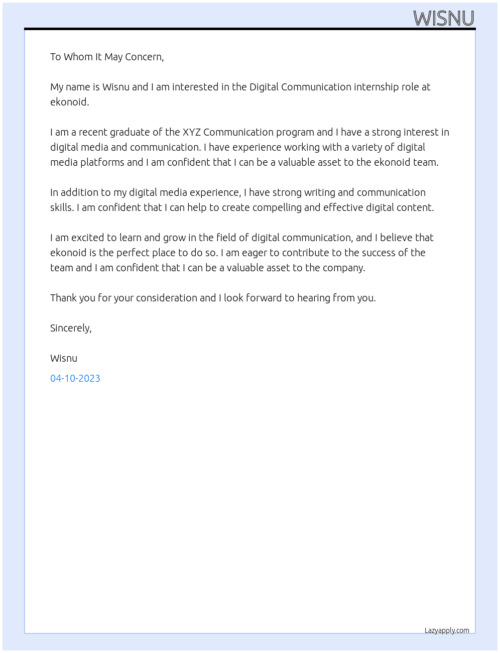 Digital Communication At ekonoid Cover Letter