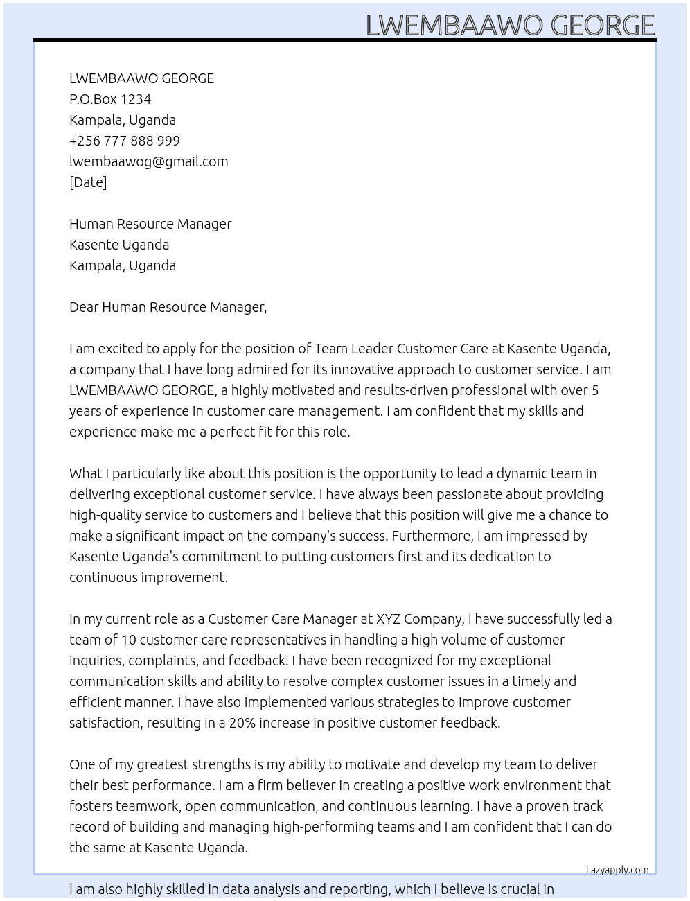 Team Leader Customer Care At KASENTE UGANDA Cover Letter