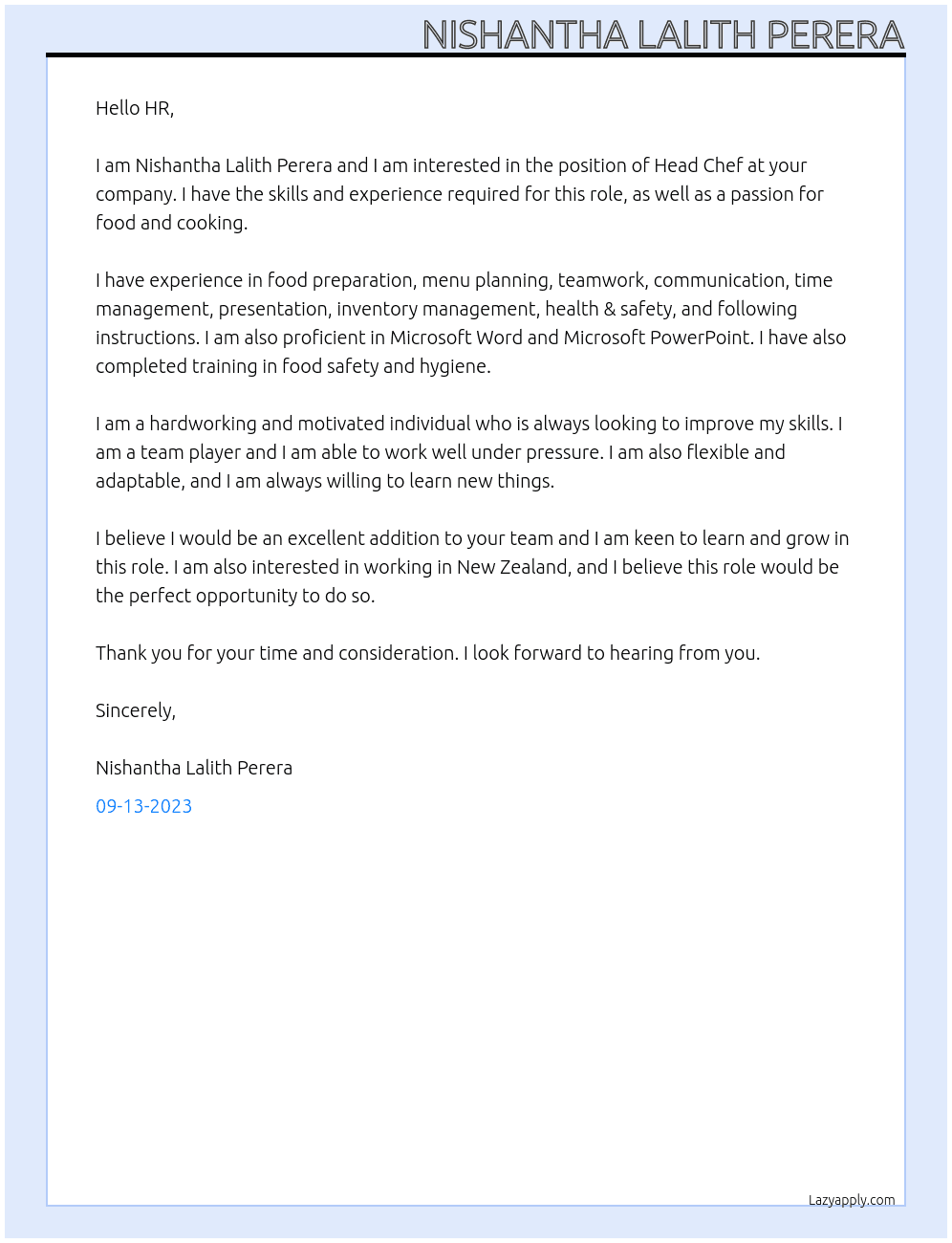 Head Chef  At Company Cover Letter