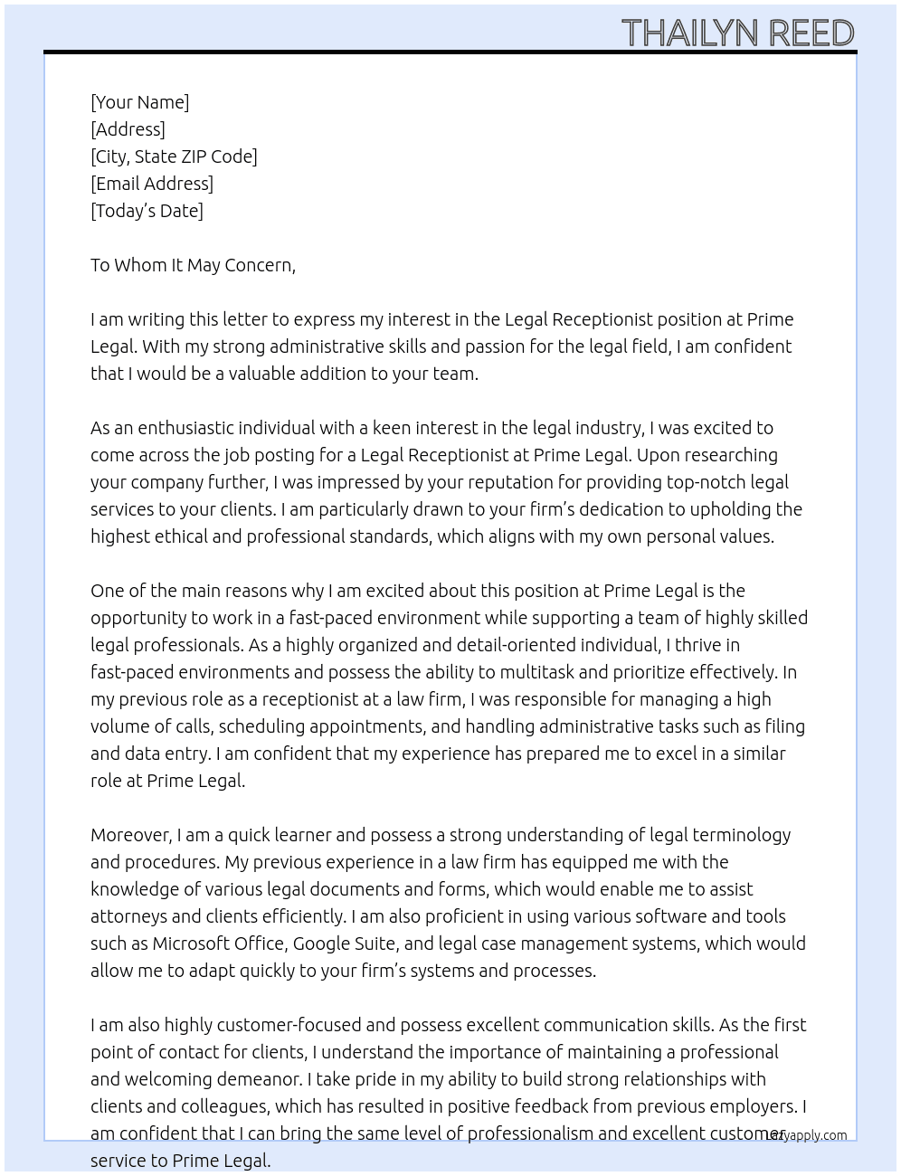 Legal Receptionist  At Prime Legal  Cover Letter