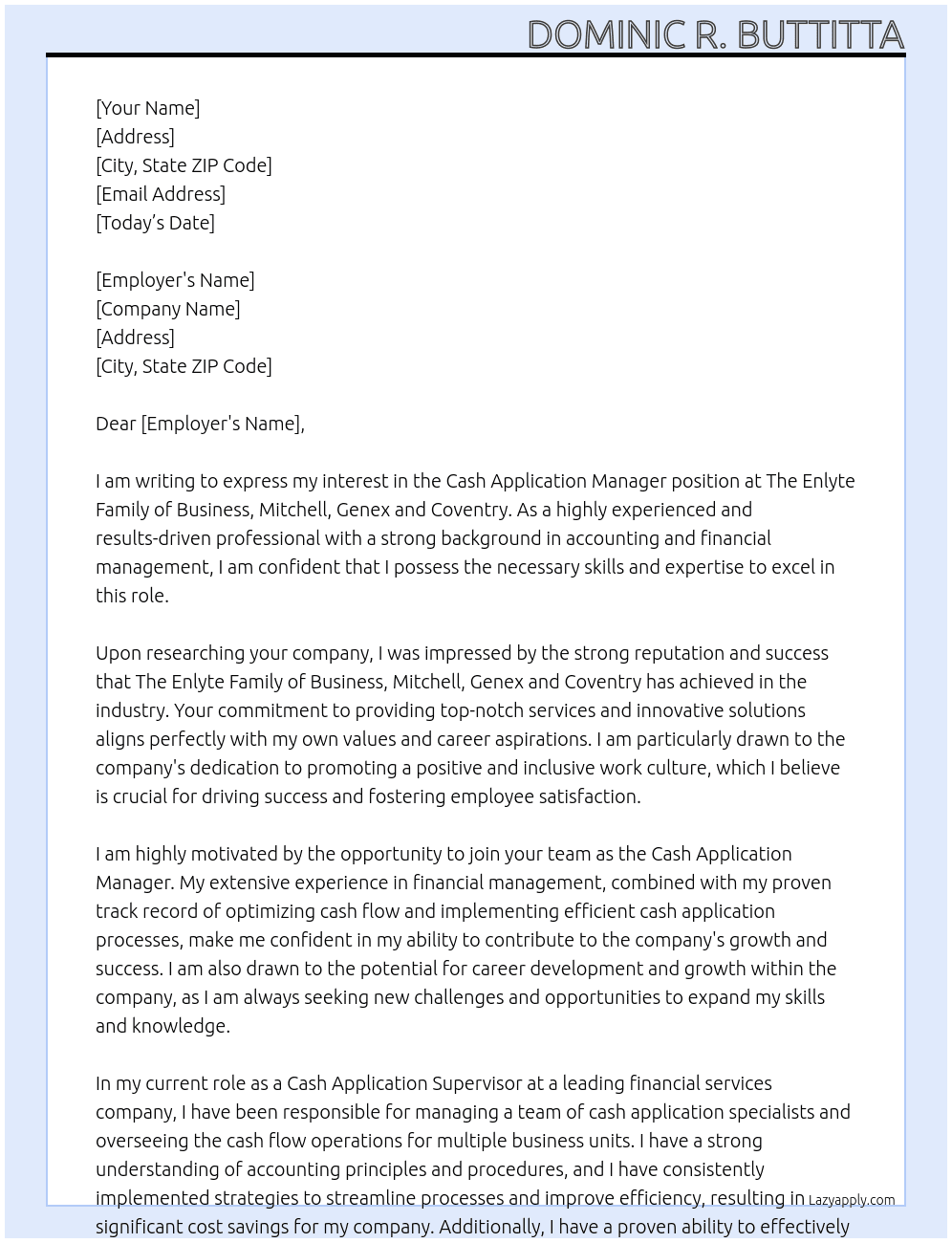 Cash Application Manager At The Enlyte Family of Business, Mitchell, Genex and Coventry Cover Letter
