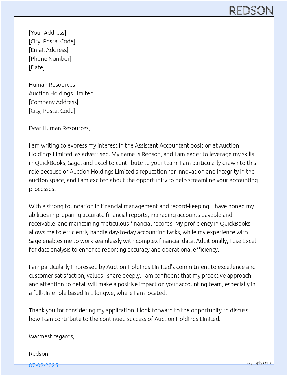 Assistant Accountant At Auction Holdings Limited Cover Letter