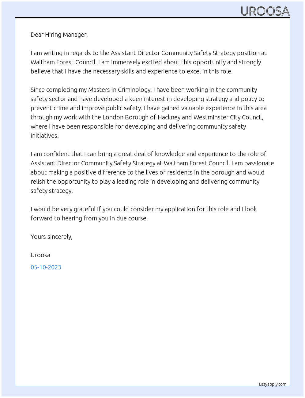 Assistant Director Community Safety Strategy At Waltham Forest Council  Cover Letter