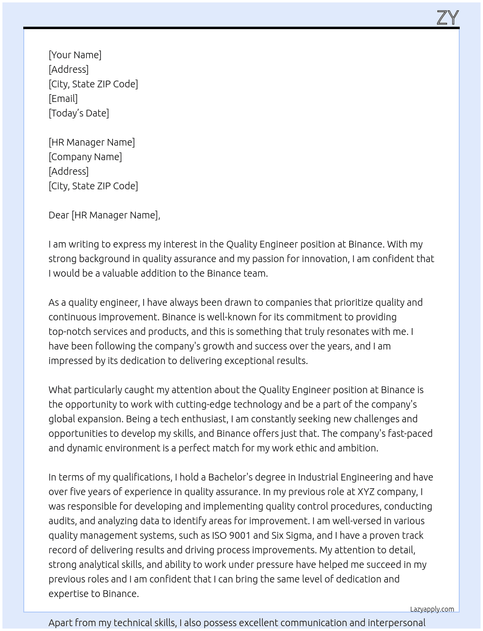Quality Engineer At Binance Cover Letter
