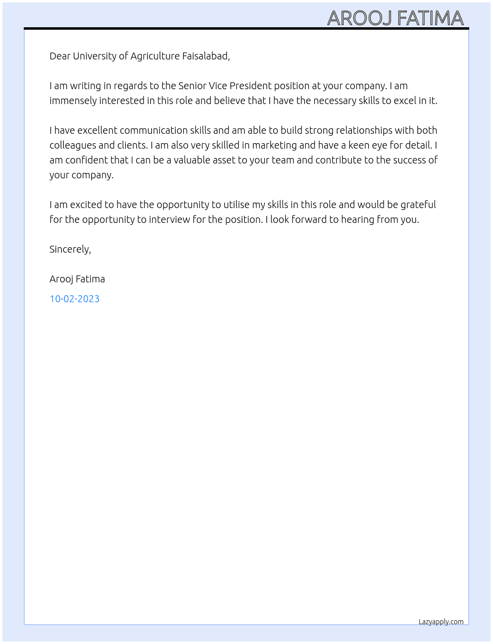 Senior vice president  At IBMS  Cover Letter