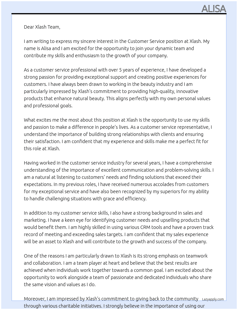 customer service At XLASH Cover Letter