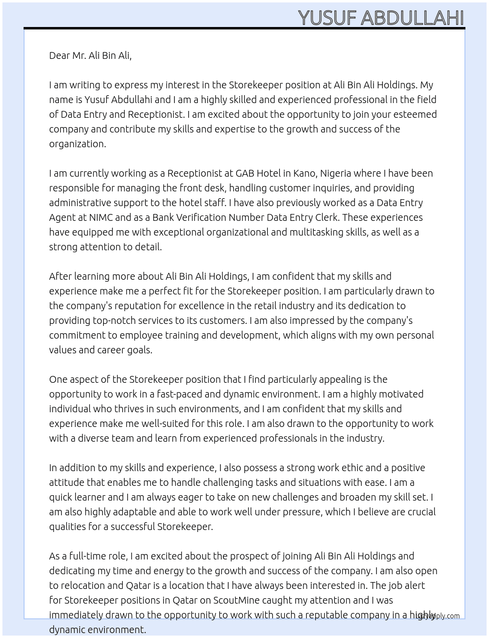 store keeper At STORE KEEPER AT ALI BIN ALI HOLDINGS Cover Letter
