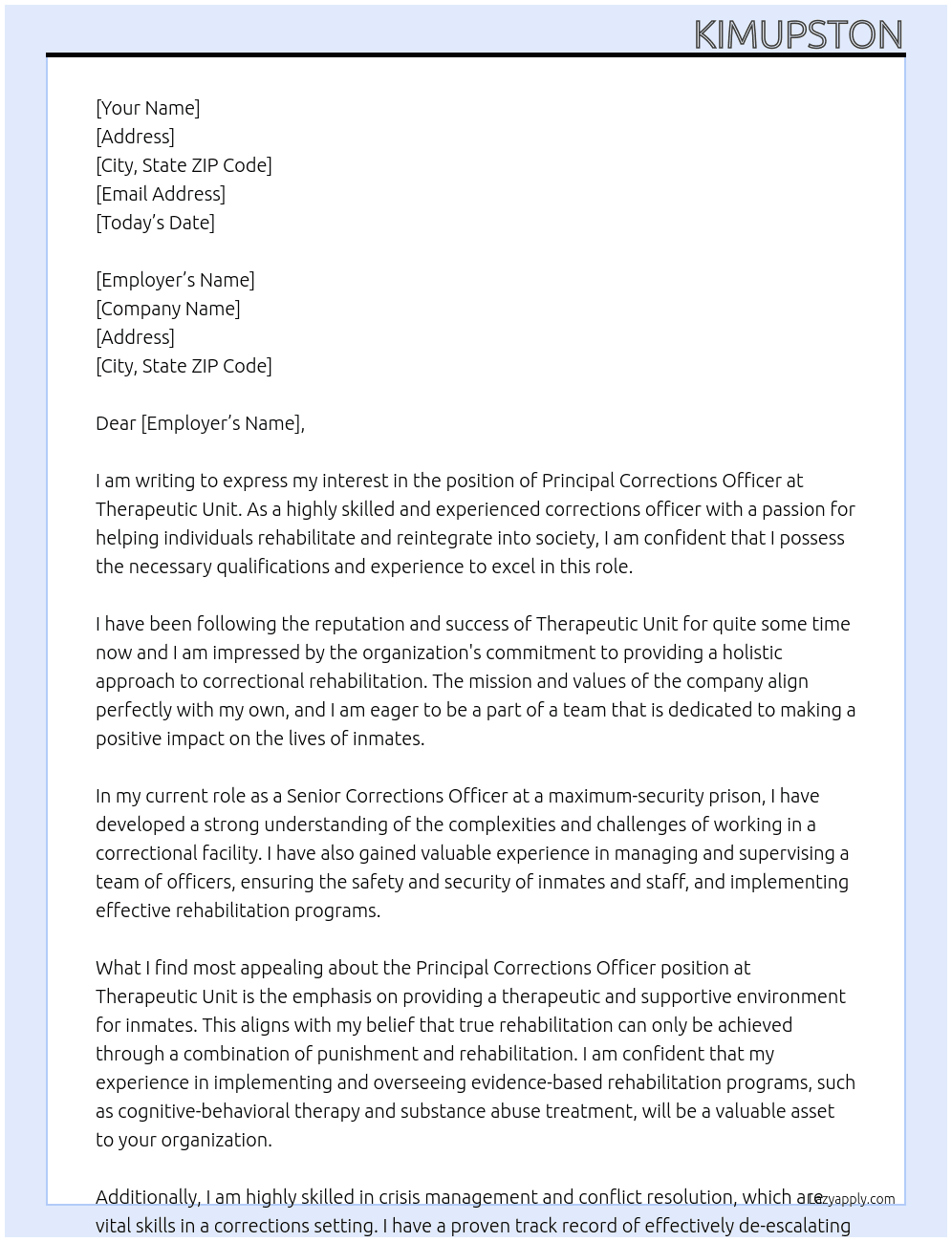 Principal Corrections Officer  At Therapeutic Unit Cover Letter