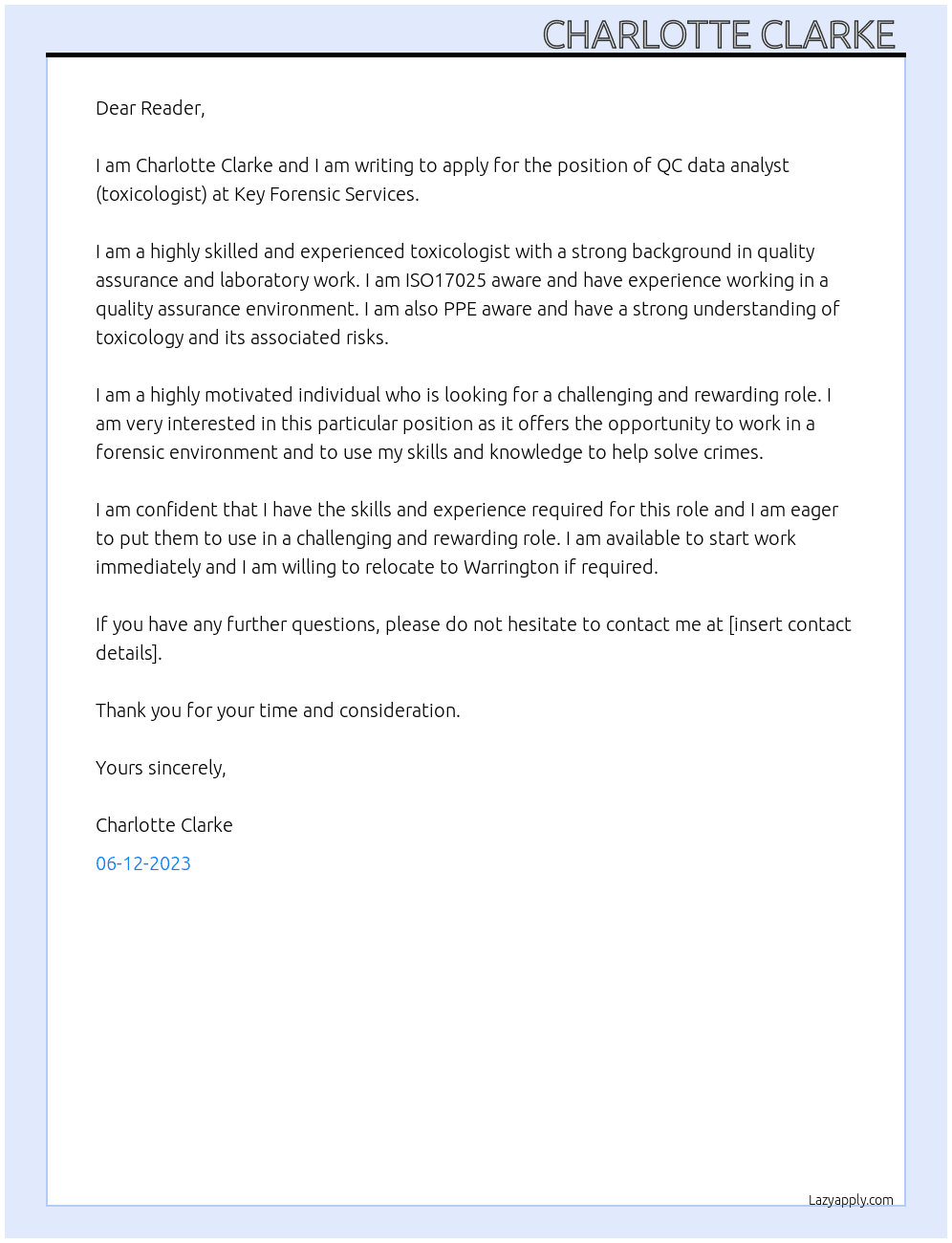 QC data analyst (toxicologist) At Key forensic services  Cover Letter