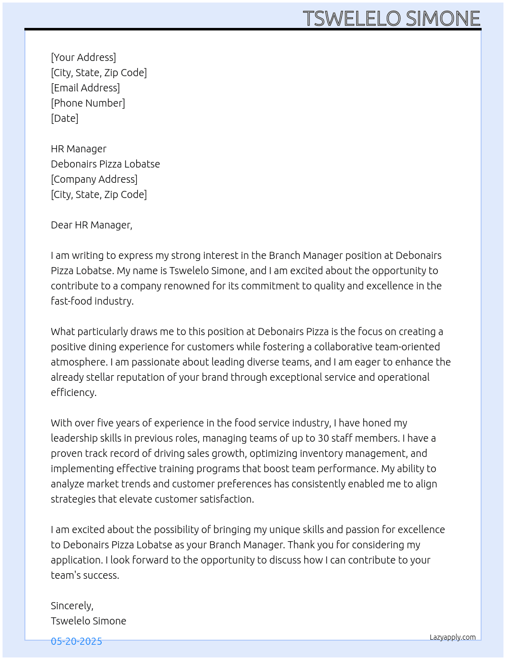 Branch Manager At Debonairs Pizza Lobatse Cover Letter