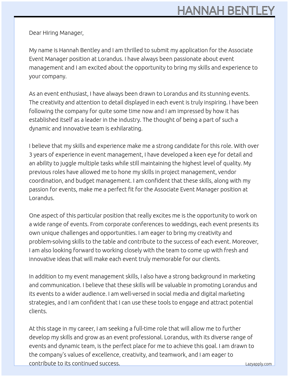 Associate Event Manager At Lorandus Cover Letter