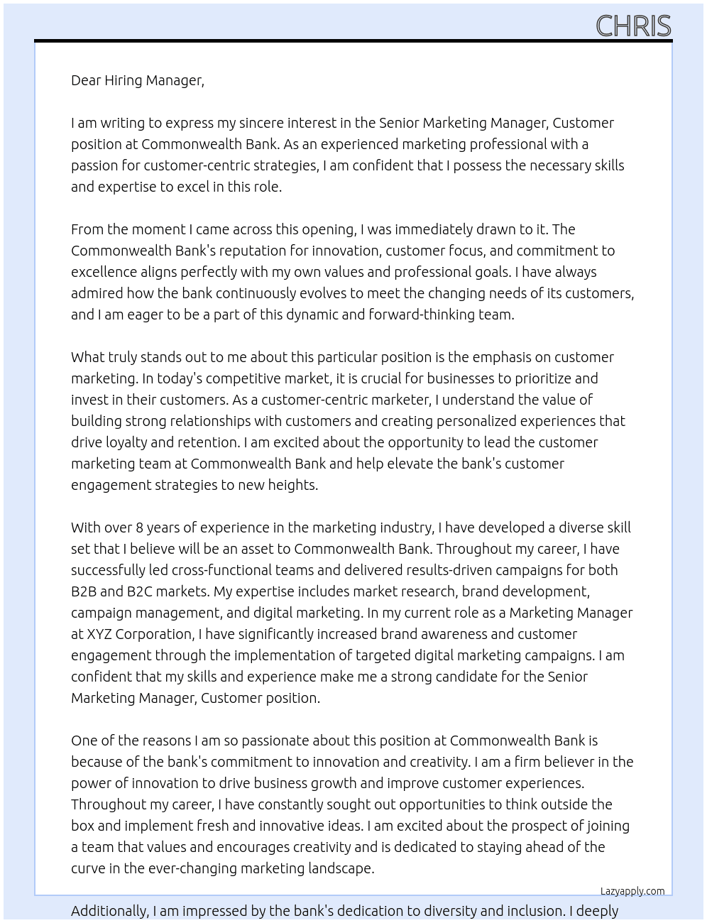 Senior Marketing Manager, Customer  At Commonwealth Bank Cover Letter