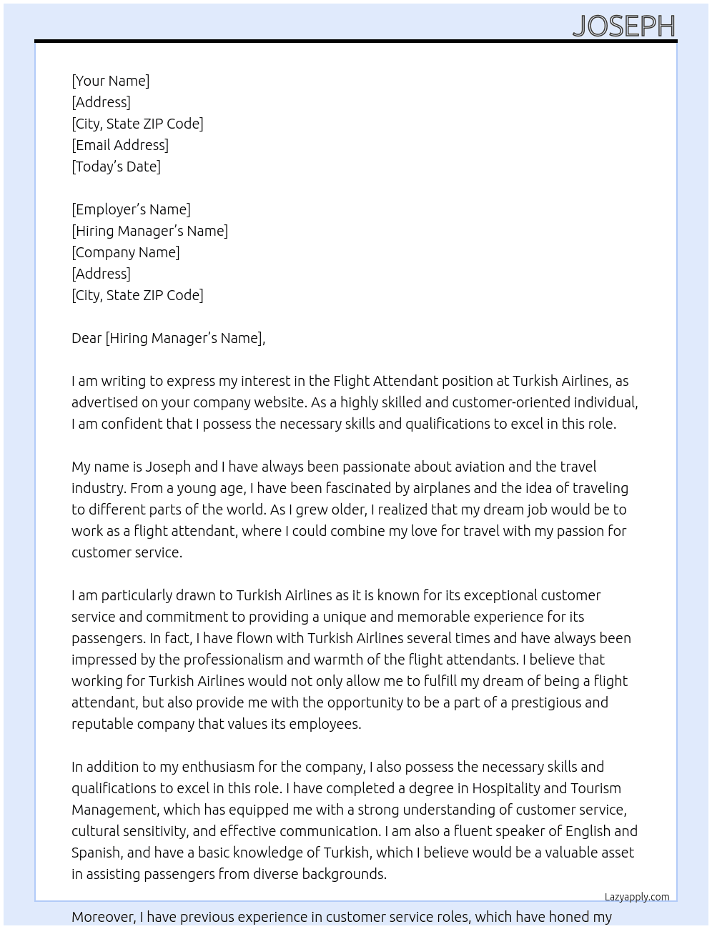 flihgt attendant At turkish airlines Cover Letter