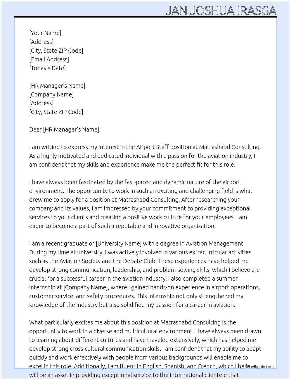 Airport staff At Matrashabd consulting  Cover Letter