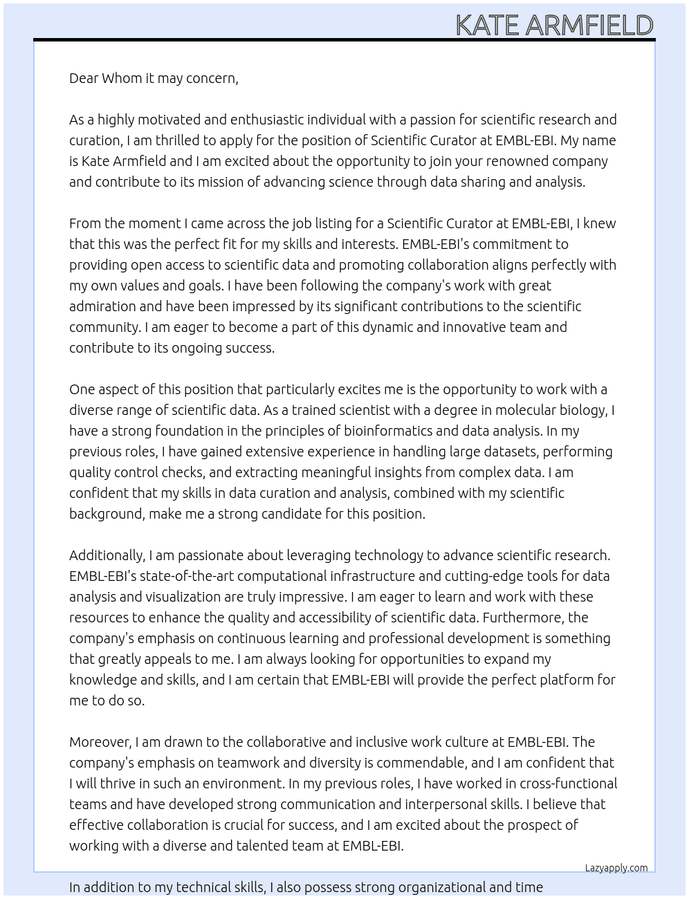 Scientific Curator At EMBL-EBI Cover Letter