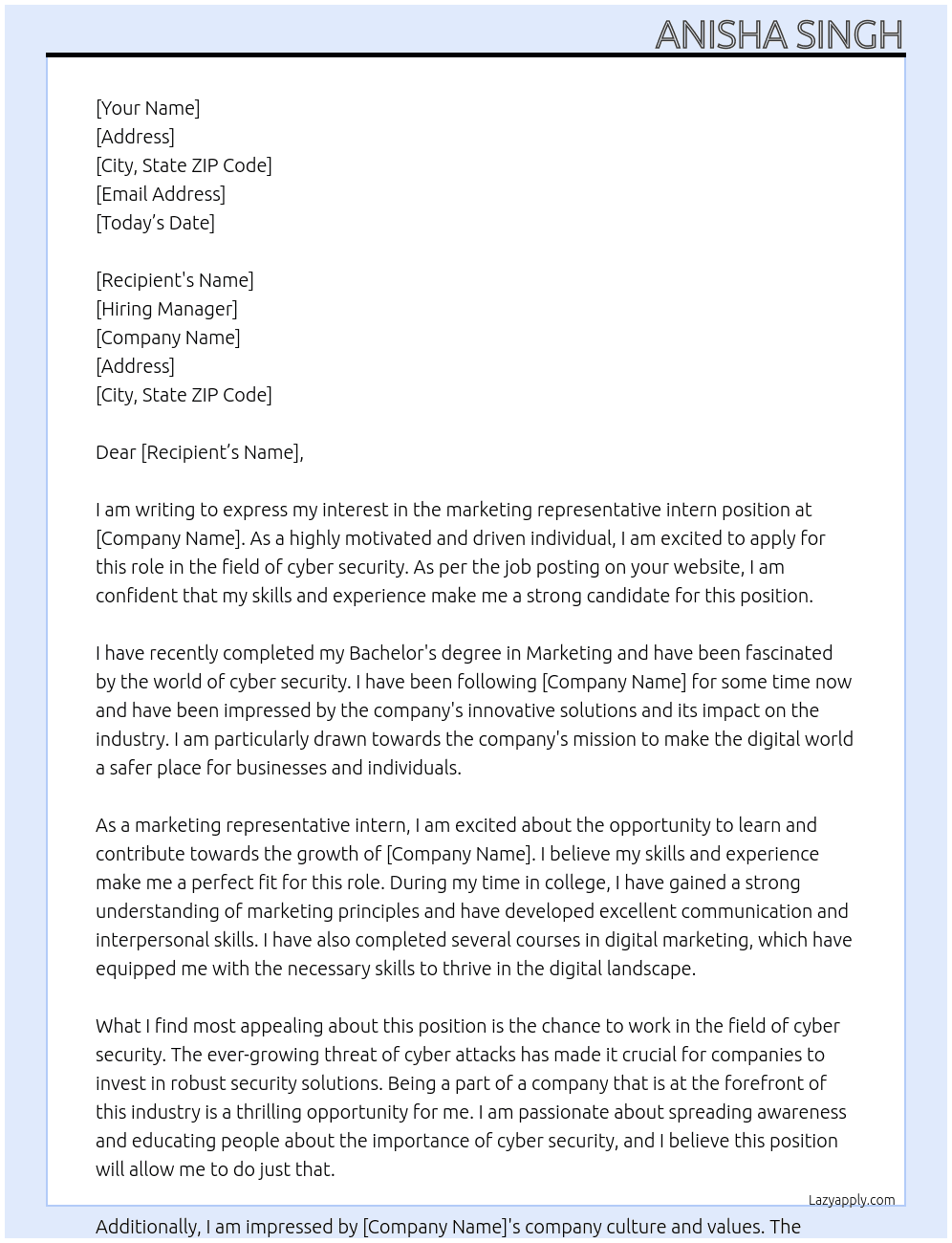 marketing representative intern (cyber security) At reoft technologies private limited Cover Letter