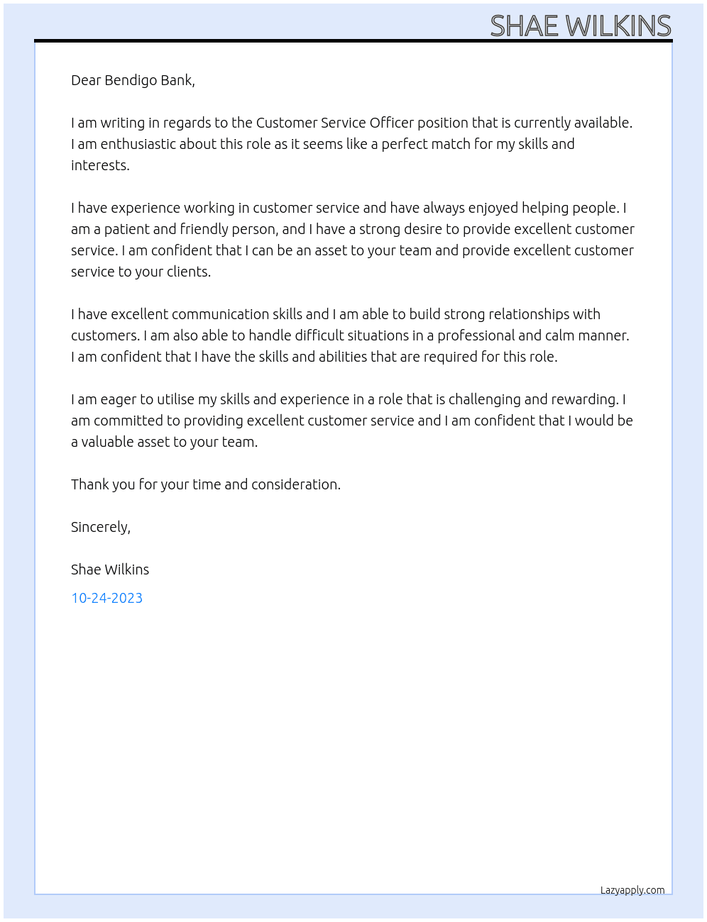 Customer service officer At Bendigo Bank Cover Letter