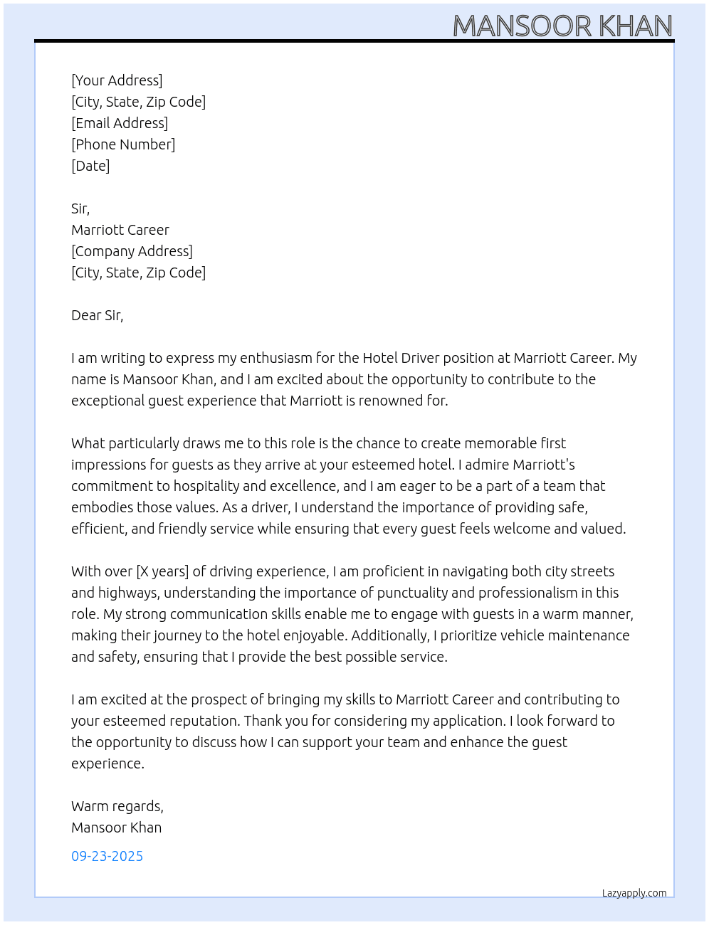 Hotel driver  At Marriott Career Cover Letter