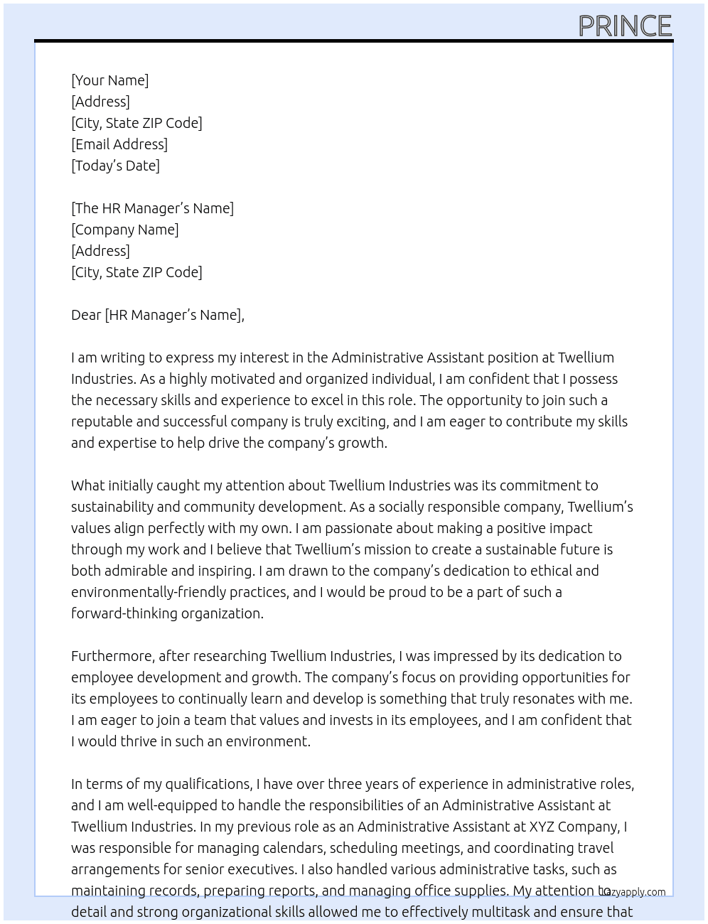 Administrative Assistant  At Twellium Industries Cover Letter