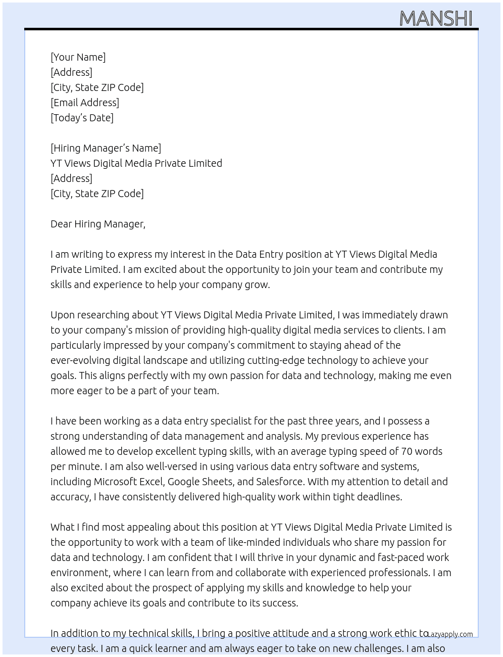 Data entry At YT Views digital media private limited Cover Letter