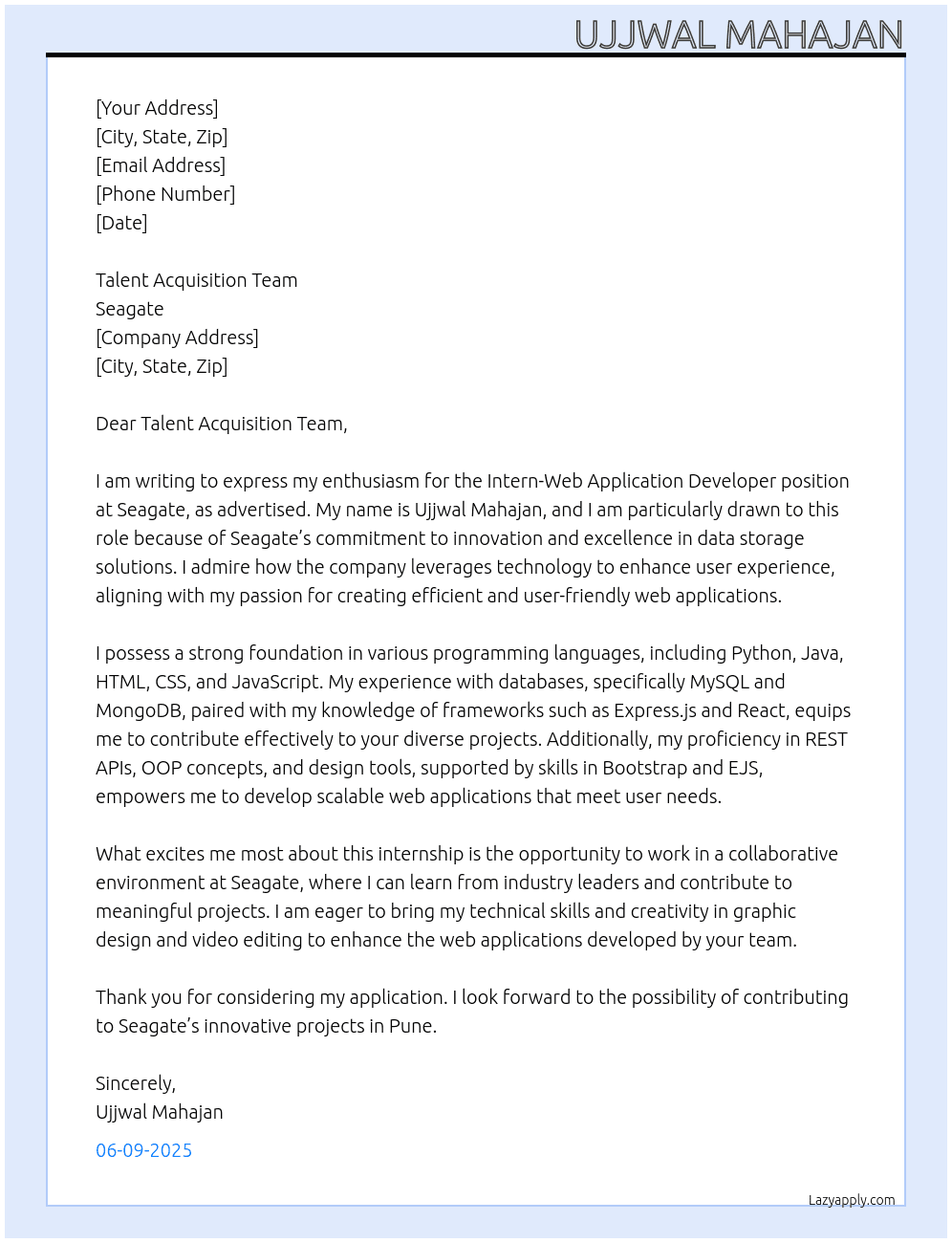 Intern-Web Application developer At Seagate Cover Letter