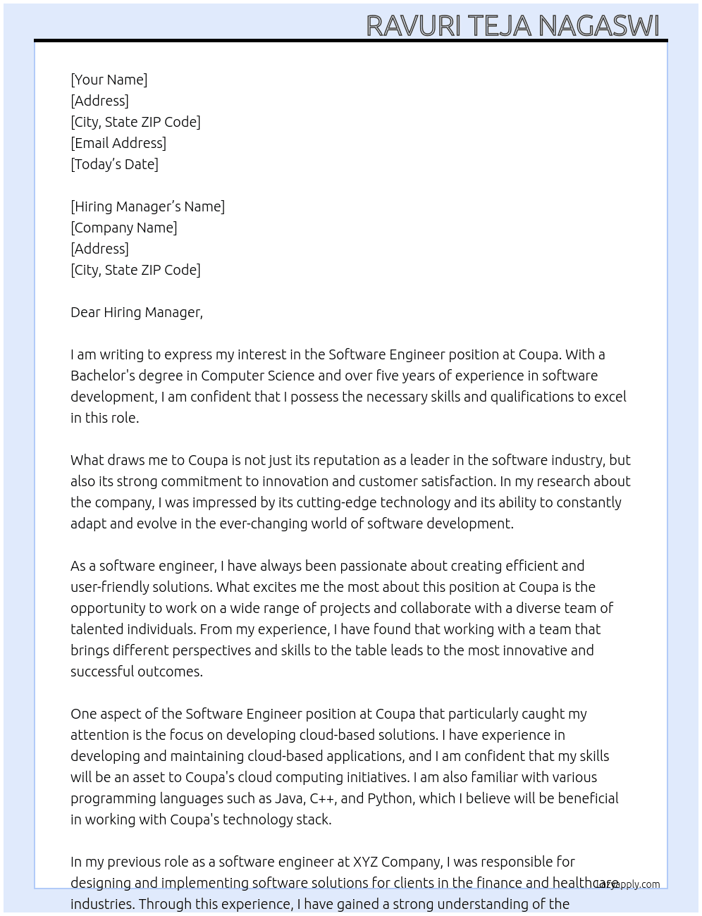 Software Engineer At Coupa Cover Letter