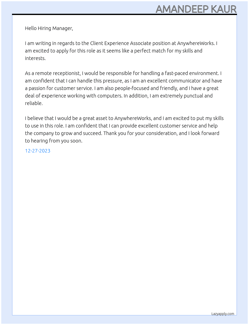 Client Experience Associate At AnywhereWorks Cover Letter
