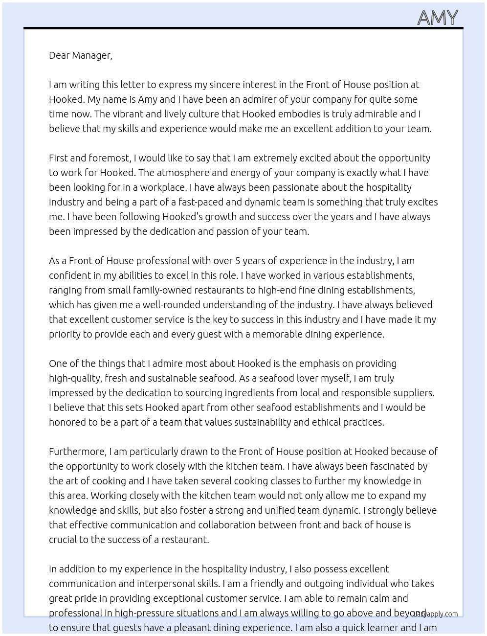 Front of House At Hooked Cover Letter