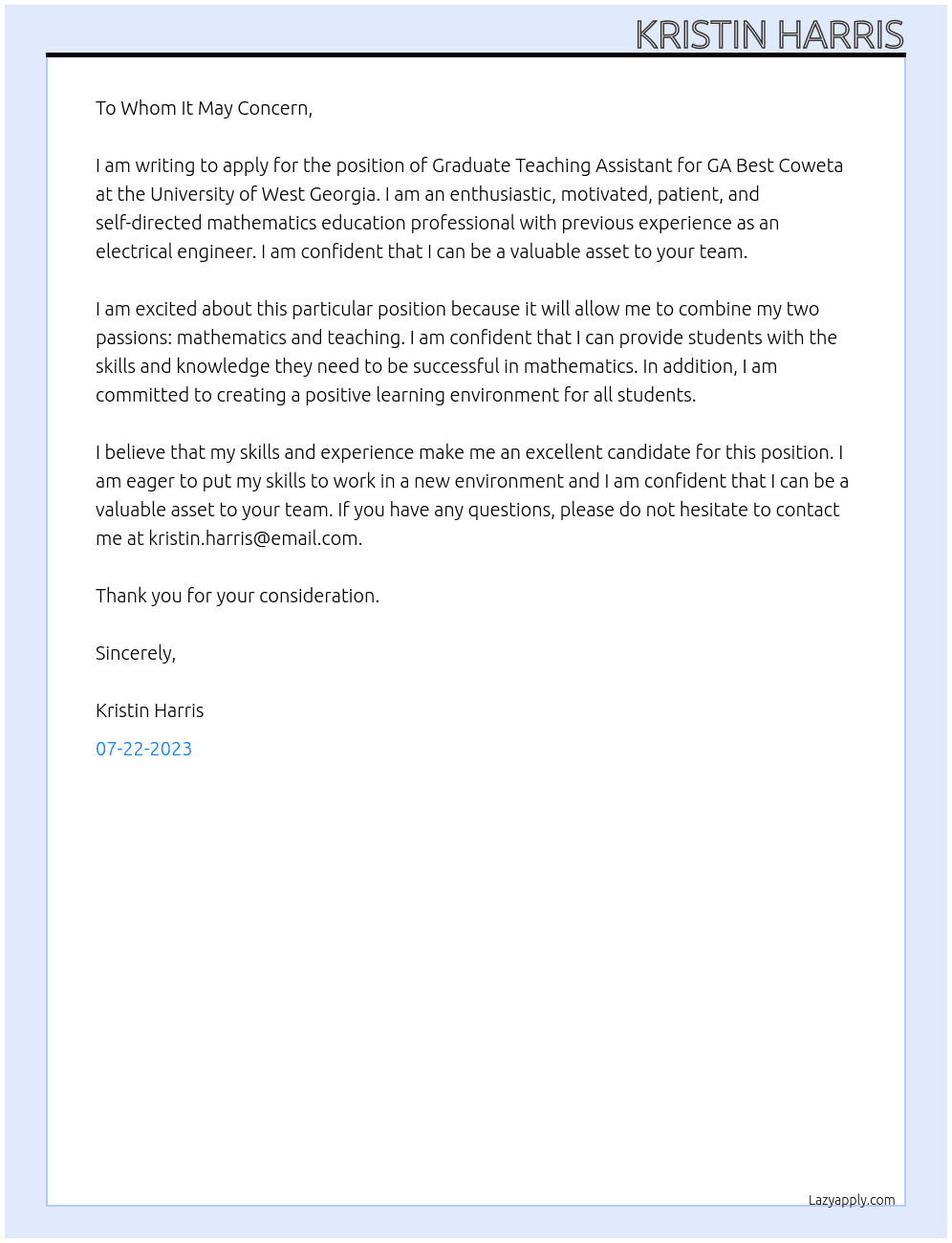 Graduate Teaching Assistant for GA Best Coweta At University of West Georgia Cover Letter