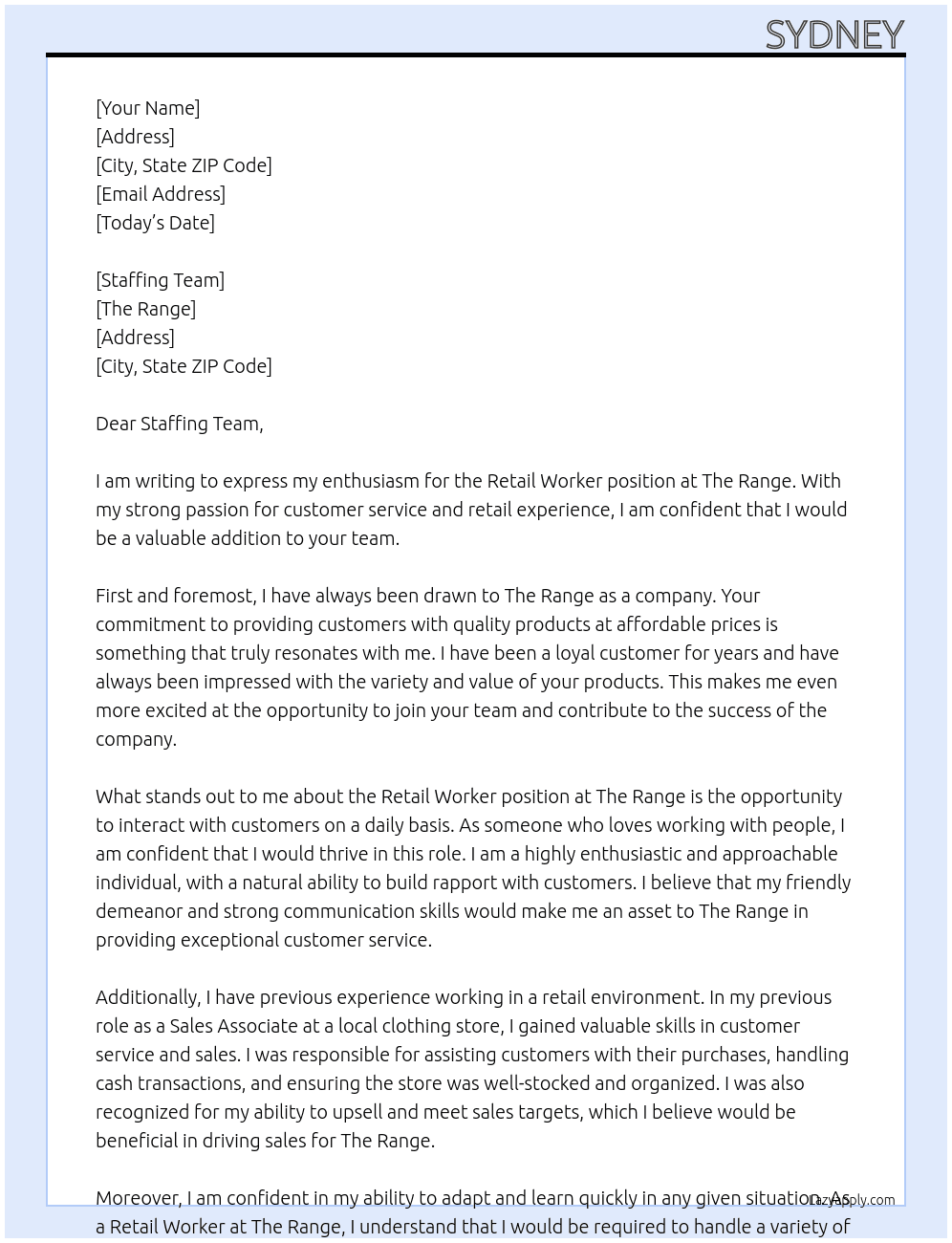 Retail worker  At The range  Cover Letter