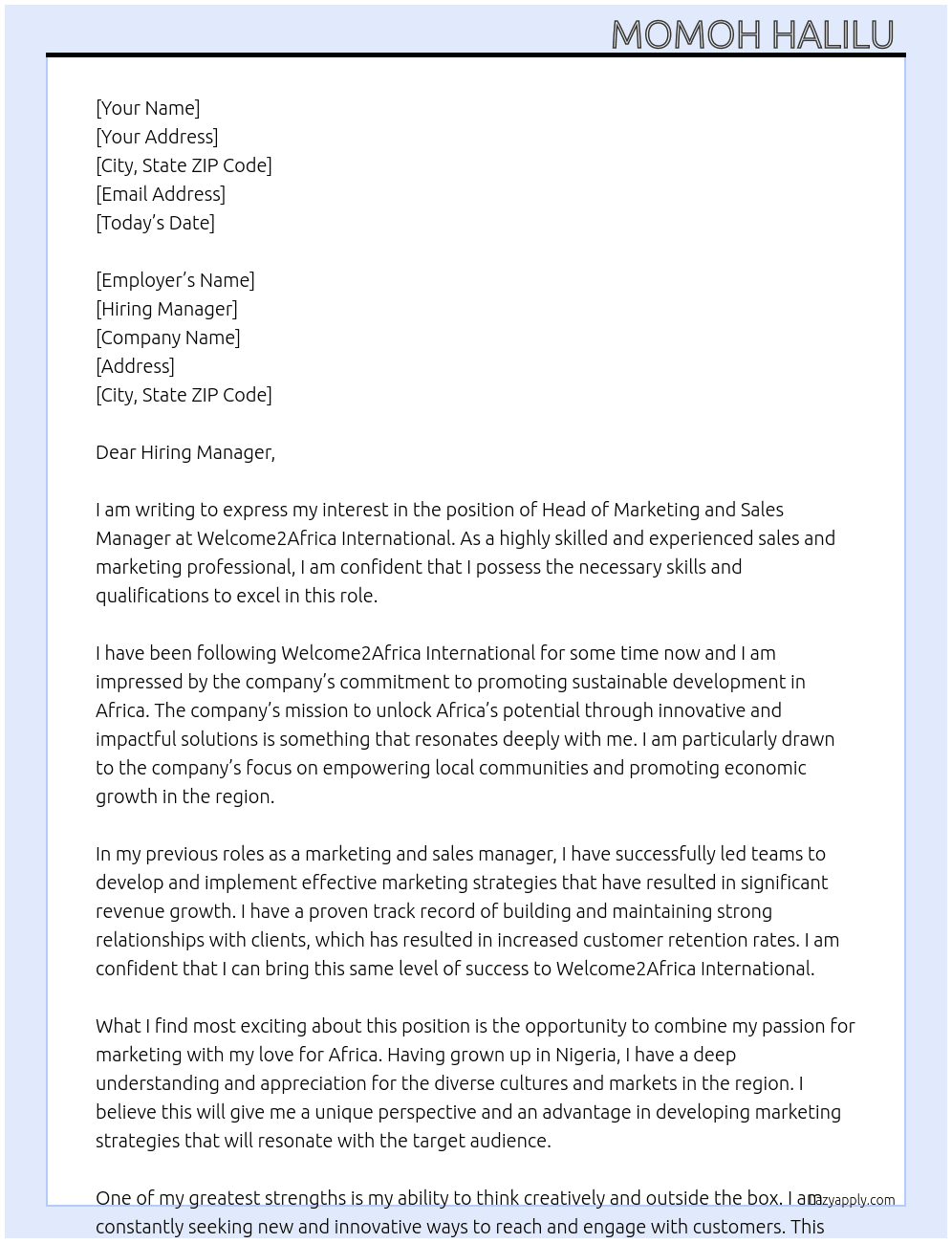 Head of marketing and sales manager  At Welcome2Africa international  Cover Letter