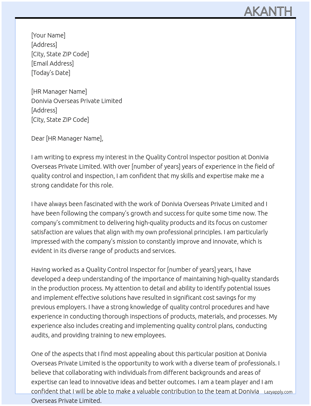 Quality control inspector  At Donivia overseas private limited  Cover Letter