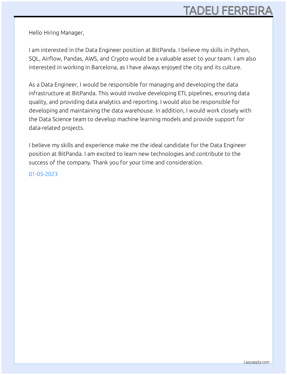 Data Engineer At BitPanda Cover Letter