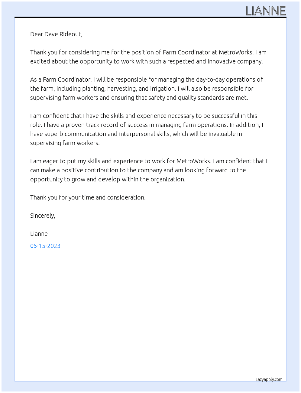 Farm Coordinator At MetroWorks Cover Letter