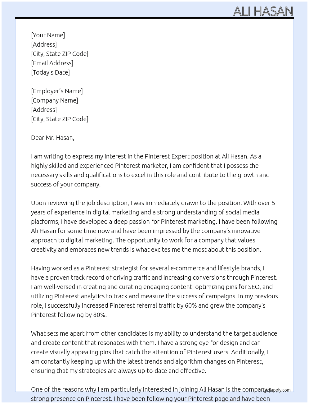 Pinterest expert At Ali Hasan Cover Letter