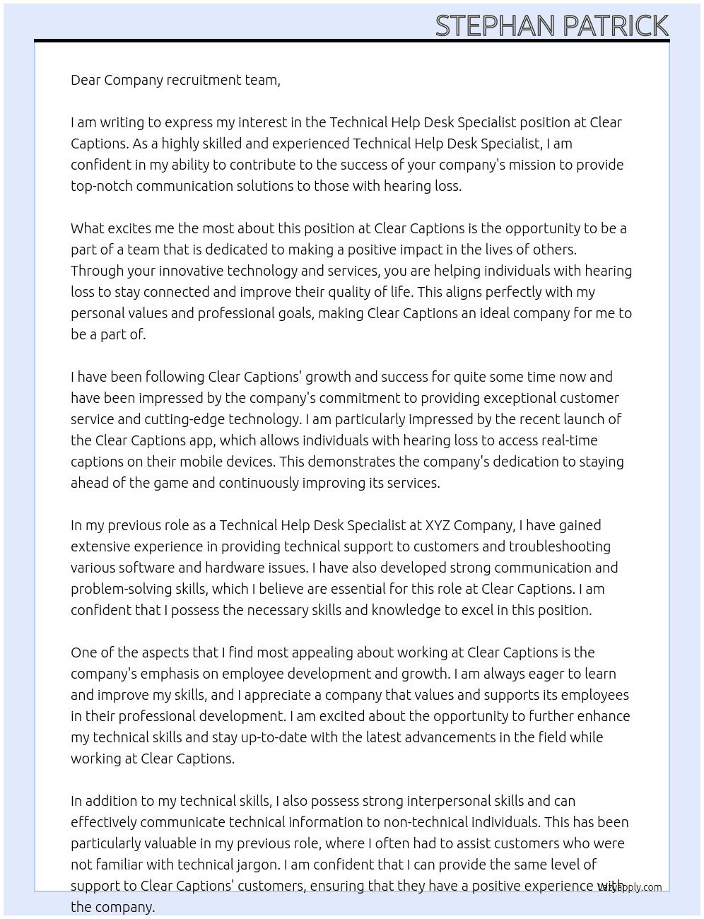 Technical Help Desk Specialist  At Clear Captions Cover Letter
