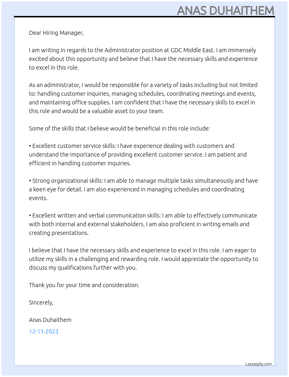 Administrator  At GDC Middle East Cover Letter