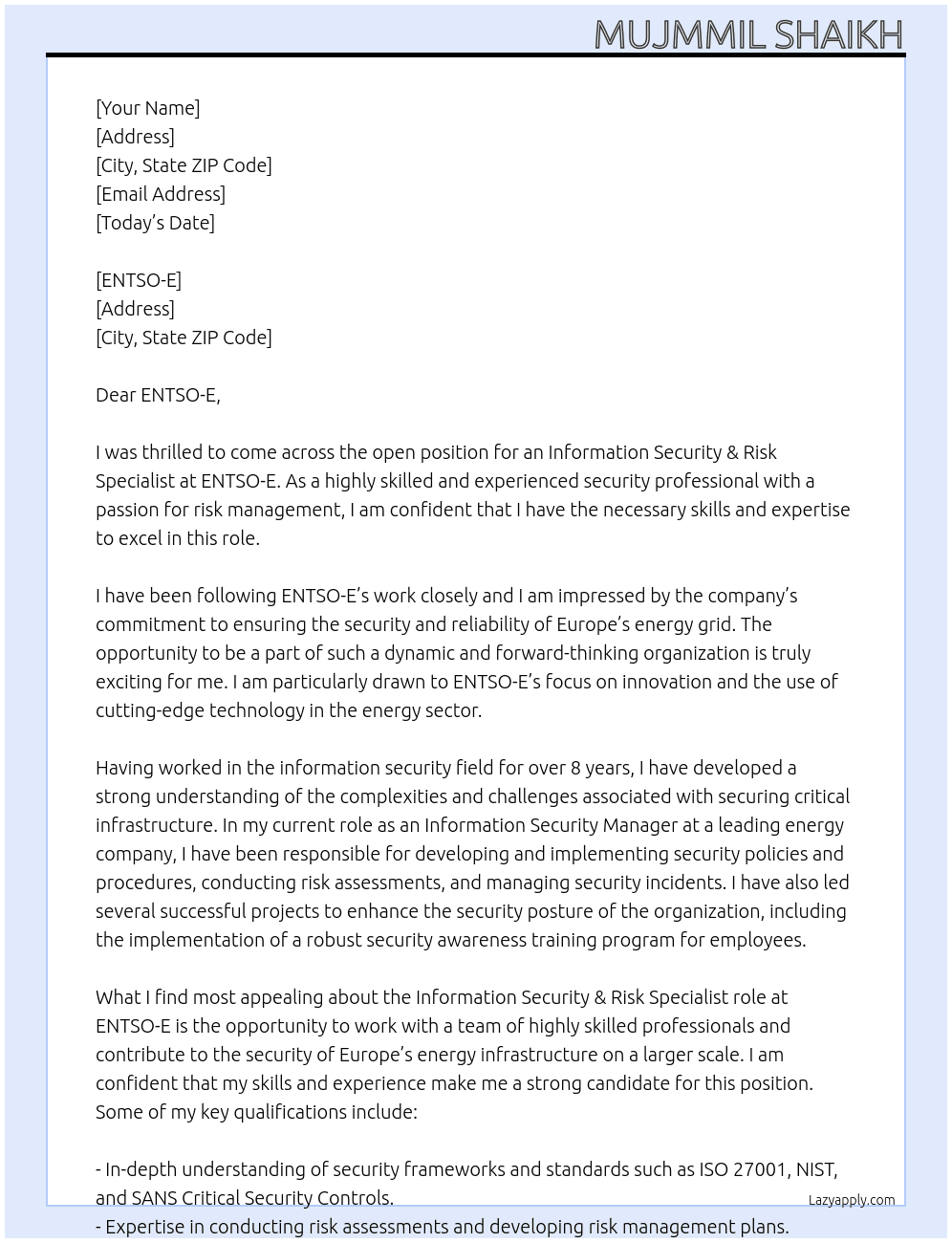 Information Security & Risk Specialist At ENTSO-E Cover Letter